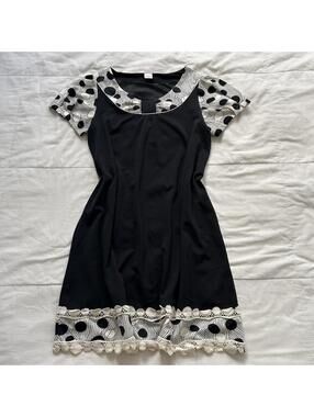 Axes Femme Black Polka Dot Lace Trim Dress Size M